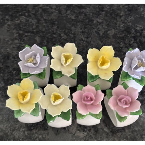 Set Of 8 Diamantine China Floral Napkin Rings Pink Roses & Yellow Daffodils - Picture 12 of 16